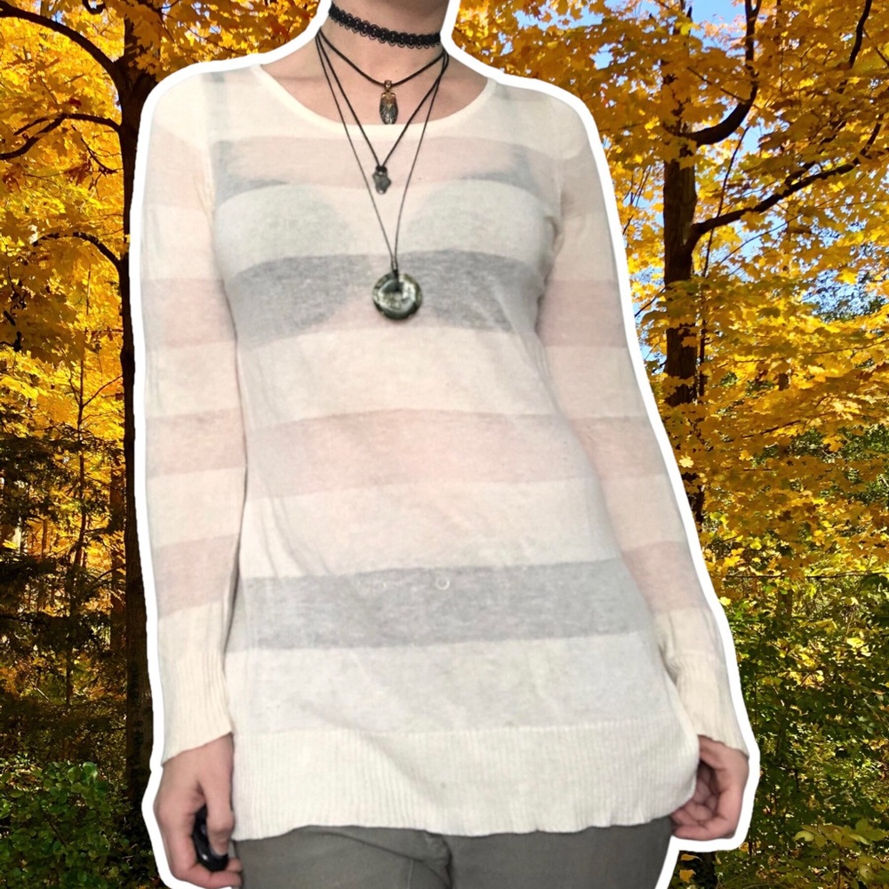 Free People Oversized Cream Crewneck Tunic with Sheer Stripes, Size S